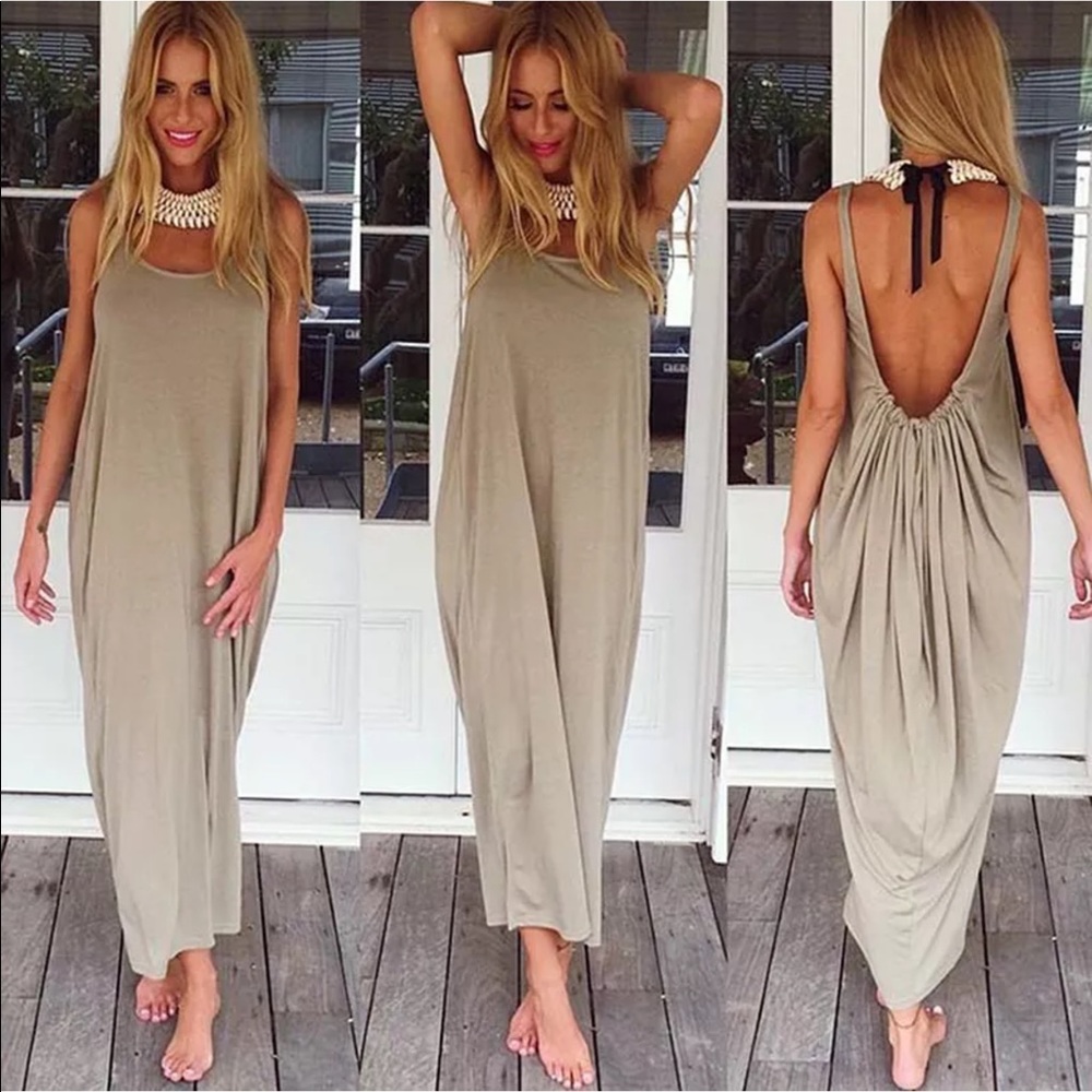 Khaki Backless Maxi Dress